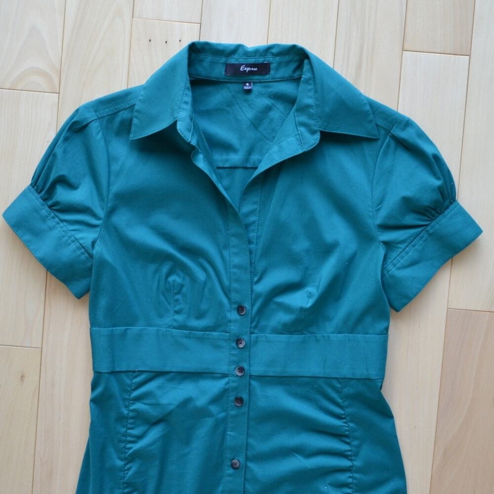 Express Short Sleeve Front Button Down Dress Gree… - image 2